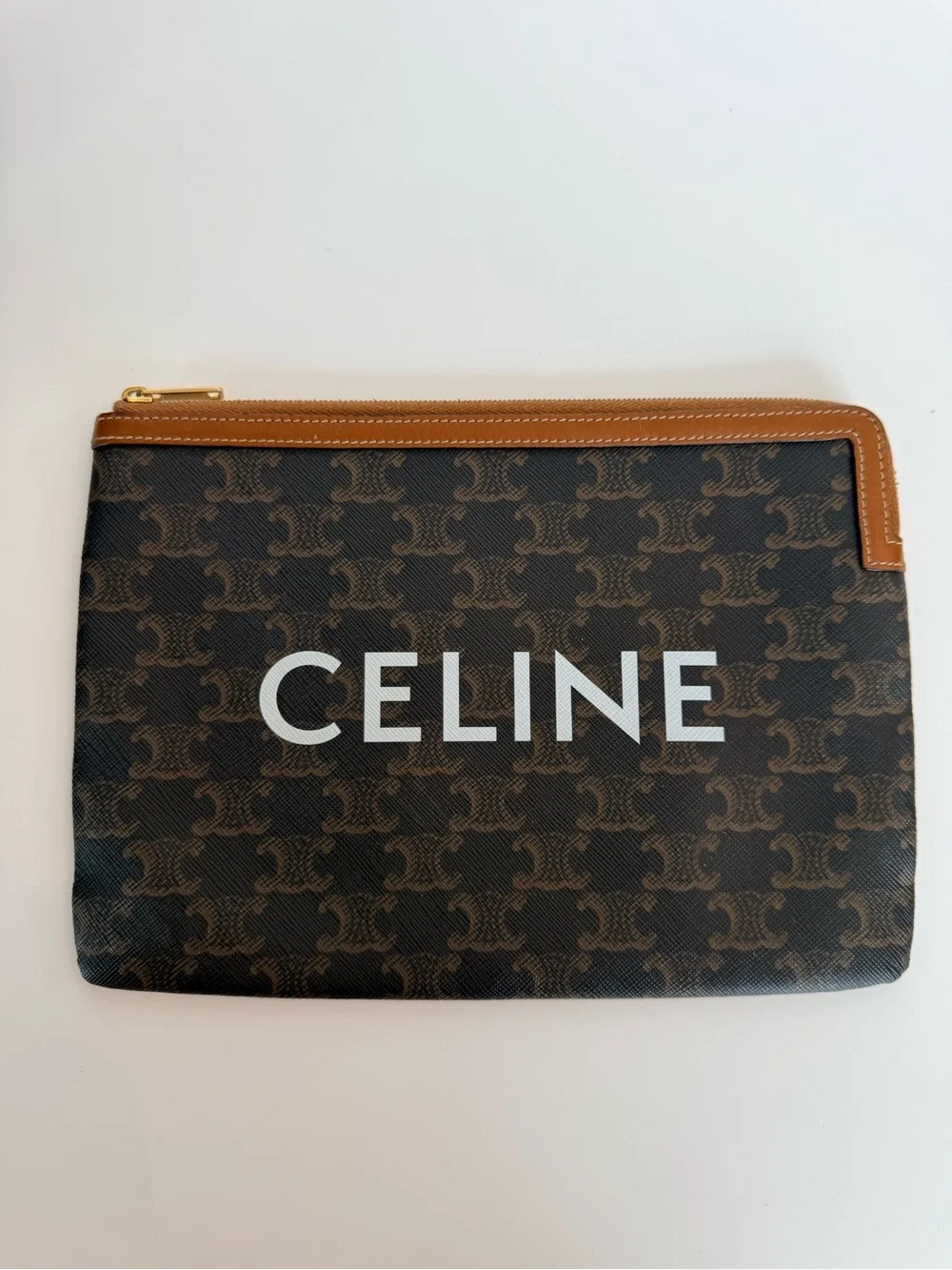 Celine Brown Monogram Canvas Zip Pouch with Tan Leather Trim